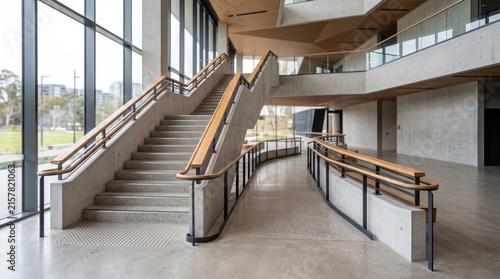 Modern interior architecture with concrete staircase and accessible ramp