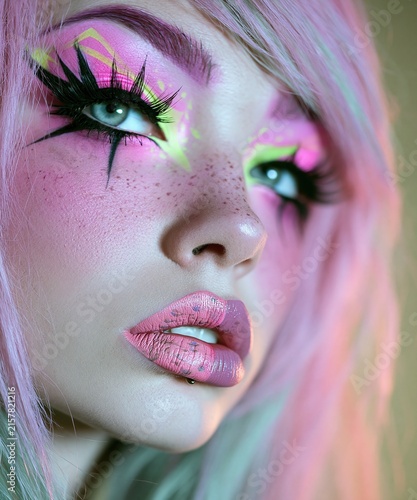 Upward angle headshot of a woman showing freckles dramatic star eyeliner and glowing neon eye makeup Reflection of avant garde cosmetic art