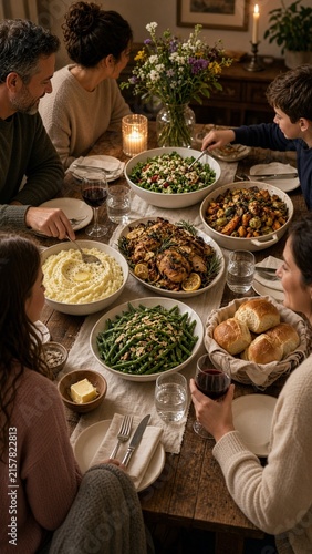 Vertical cozy family dinner scene with rustic autumnal comfort food spread on wooden table, warm candlelight atmosphere, perfect for holiday gatherings or culinary blog use