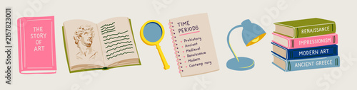 Art History Study Icon Set with Books, Magnifying Glass, Notes on Time Periods, Desk Lamp and Sculpture, Education Illustration