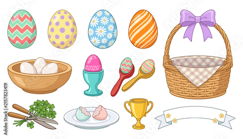 Bild auf Leinwand Easter Holiday Celebration and Egg Hunt Activity Icon Set with Patterned Eggs Wo