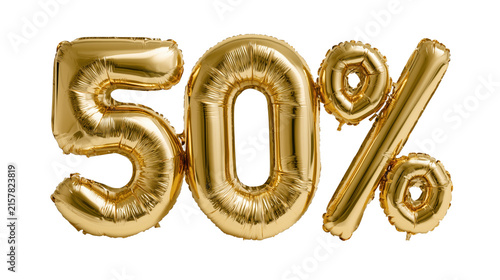 Gold Foil Balloon 50% Discount Sign Isolated on Transparent Background, Shiny Metallic Sale Decoration
