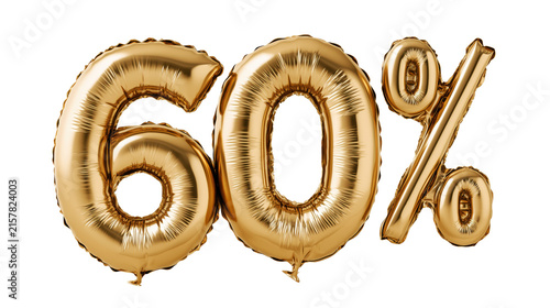 Gold Foil Balloon 60% Discount Sign Isolated on Transparent Background, Shiny Metallic Sale Decoration