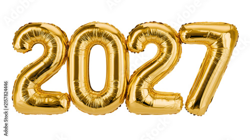 Gold Foil Balloon 2027 Year Numbers Isolated on Transparent Background, Shiny Metallic New Year Decoration
