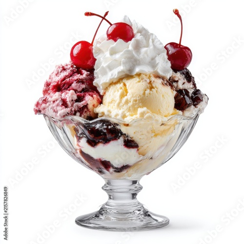 Classic ice cream sundae in glass dessert bowl, whipped cream and cherries, vanilla and berry scoops on white background