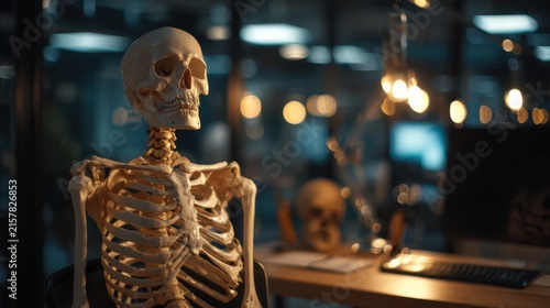 Creepy human skeleton model in dark lab, anatomical bones display with bokeh lights, Halloween education concept photo