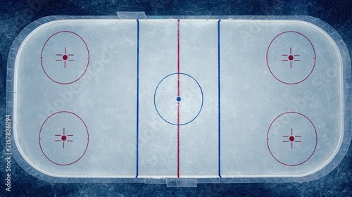 Overhead ice hockey rink, frozen indoor arena surface with red and blue lines, winter sports background texture