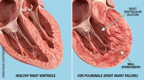 Healthy Right Ventricle and Cor Pulmonale Comparison Medical Illustration