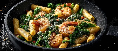 Obraz  z motywem Shrimp Pasta with Kale and Parmesan Cheese in Black Skillet