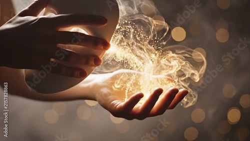 Spiritual Awakening Concept, Golden Soul Escaping Mask into Hands