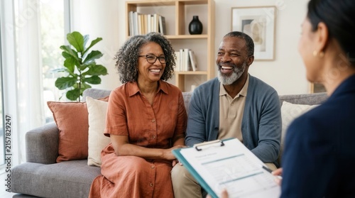 Financial advisor discussing asset management, pension, and investment portfolio with a mature couple at home