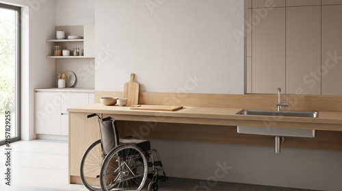 Accessible kitchen counter design with wheelchair space, modern minimalistic style, natural light, and neutral tones creating