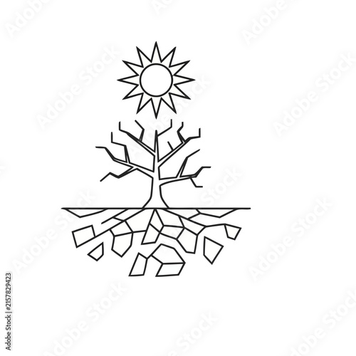 Stylized sun and bare tree with roots
