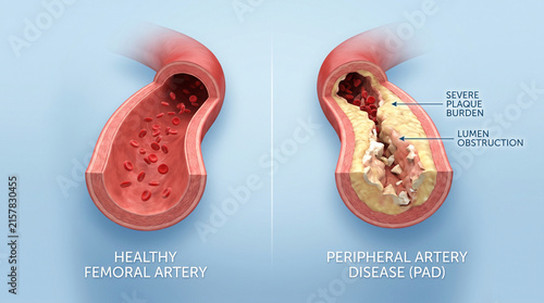 Peripheral Artery Disease (PAD): Healthy vs Blocked Femoral Artery with Severe Plaque