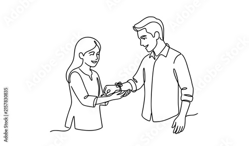 One line happy siblings celebrating Raksha Bandhan with Rakhi bracelet vector icon