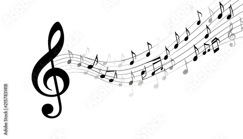 Black and white music background with treble clef key and staff wave