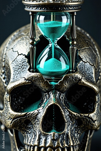 Antique metal human skull with turquoise sand hourglass inside top. Green particles flow down through clock glass instrument. Memento mori symbolic object represents fleeting life passing time,