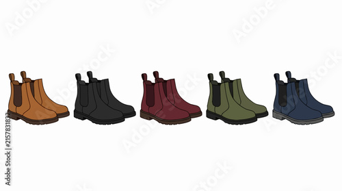Set of Men and Women Chelsea Boots in Various Colors like Brown Black Maroon Green and Blue Fashion Illustration