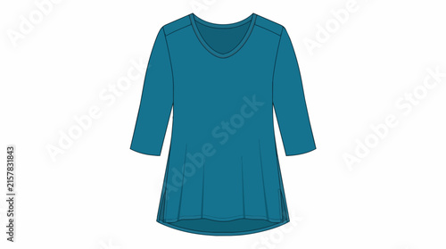 Blue Teal Women Fashion V Neck Tunic Shirt with Three Quarter Sleeves Flat Clothing Illustration Design Element