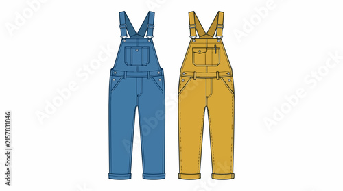 Set of Blue and Yellow Denim Dungarees and Bib Overalls for Casual Fashion and Workwear Outfits Flat Illustration