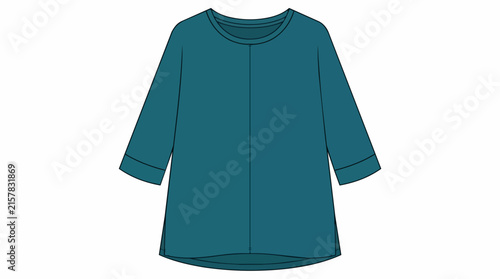 Women Teal Blue Three Quarter Sleeve Tunic Top Fashion Technical Drawing Flat Sketch with Side Slits and Cuffs