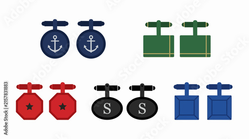 Set of Stylish Gentlemen Fashion Accessories Including Anchor Star and Initial Letter Cufflinks on White Background