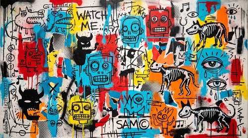 Neo-expressionist graffiti wall art, colorful street art mural with skulls and skeletons, urban pop art background with chaotic drips
