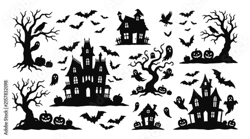 Bild auf Leinwand Collection of spooky halloween silhouettes featuring haunted houses and ghosts