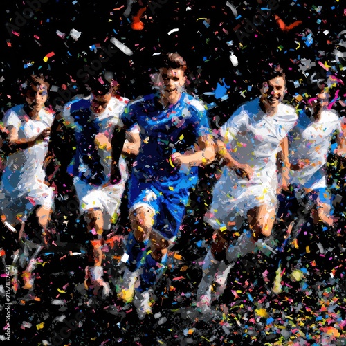 Group of Running Athletes Celebrating Victory with Colorful Confetti at Night