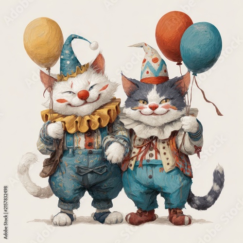 Cute Cartoon Cats in Party Costumes Holding Balloons on White Background