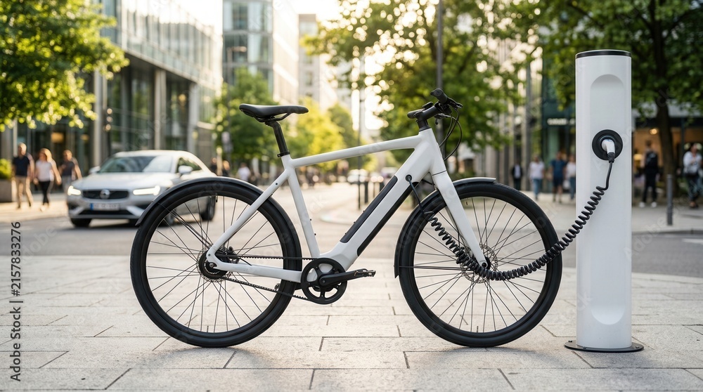 Fototapeta premium Modern zero emission future mobility with an e-bike parked on a city street near a charging station.