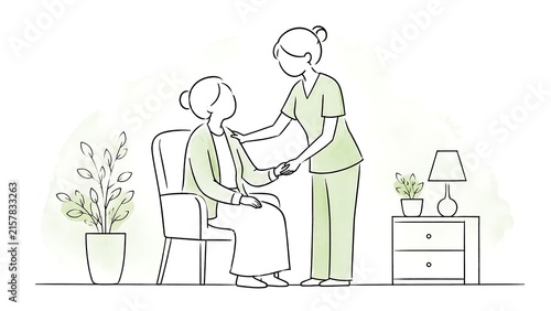 Simple stick-figure illustration depicts nursing support for elderly patients.