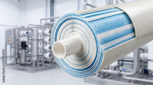 Cutaway cross section of spiral wound reverse osmosis desalination membrane element for industrial water purification facility