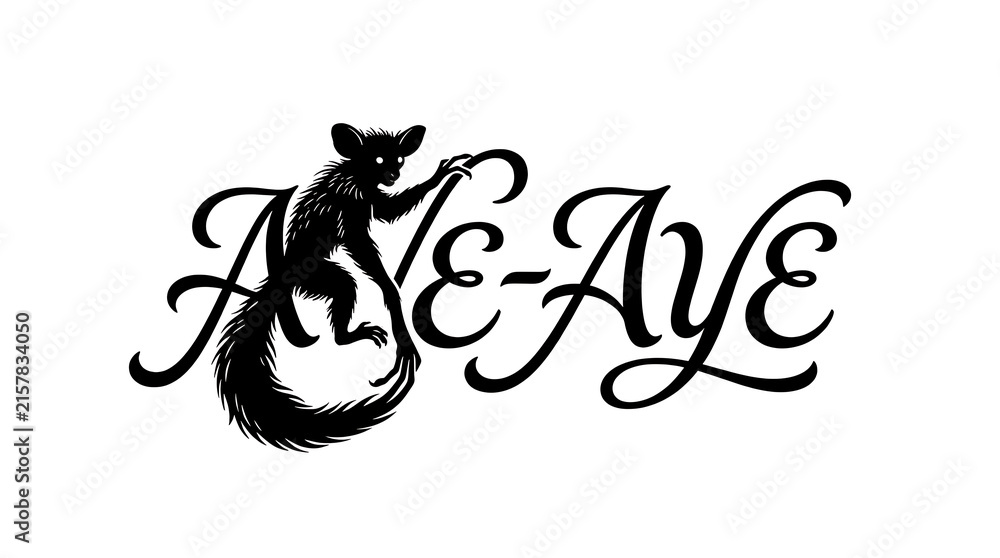 Naklejka premium Unique illustration of a mysterious Aye-Aye lemur with elegant script typography