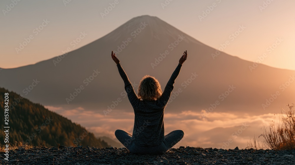 Fototapeta premium woman in meditation pose looking at Mount Fuji view, mindfulness and wellness concept.
