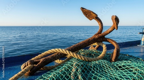 Fishing gear and rusty ship anchor on boat deck, featuring nautical equipment for maritime travel and industry.