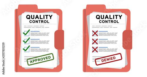 Quality control documents showing approved and denied results for inspection, manufacturing, and compliance.