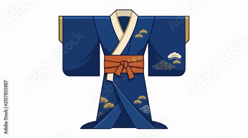 Traditional Blue Japanese Yukata or Kimono Attire with Orange Obi Belt and Artistic Golden Cloud Accents