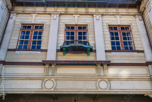 Antique windows and balcony of Mojiko train station building, Kitakyushu