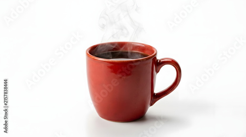 Red mug of hot steaming coffee on white background