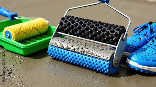 Builder uses needle roller to remove air bubbles from wet self leveling floor cement. Pro construction tools like paint rollers, spiked boots stand on liquid grey mortar surface during interior