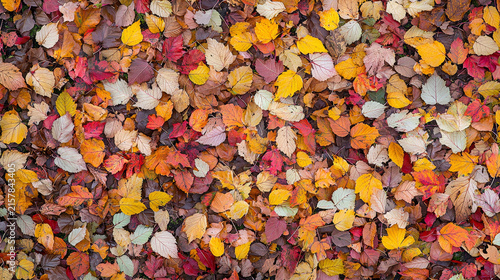 Dense carpet of richly colored autumn leaves: vibrant yellows, oranges, reds, and browns covering the ground in a natural pattern