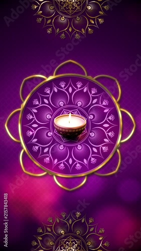 Vertical Diwali festival background with ornate Indian mandala, golden decorative elements, vibrant purple and gold luxury backdrop, festive celebration design with copy space for invitations