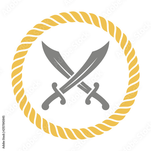 Crossed Swords Emblem Inside a Yellow Rope Circle Frame Nautical Pirate Adventure Symbol Icon