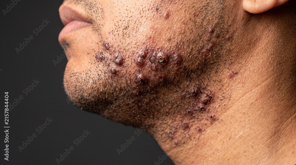 Naklejka premium Severe pseudofolliculitis barbae with inflamed razor bumps and ingrown hairs on male jawline
