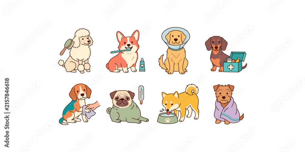 Fototapeta premium Cute dog grooming and veterinary care set featuring teeth brushing hygiene medical cone towel and health checkup vectors.