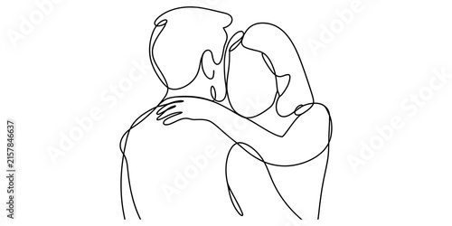 Continuous single line drawing of a loving couple hugging each other romantically