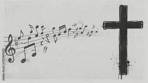 Black brush stroke cross with flowing musical notes stream vector