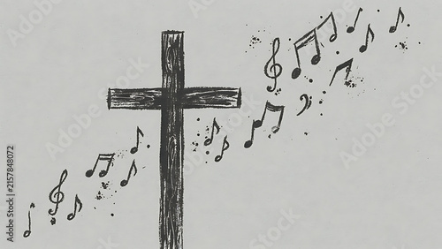 Religious worship music concept with brush stroke cross and notes