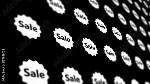 White sale badge icons grid pattern on black background for shopping promotion, discount offer and commercial video background
